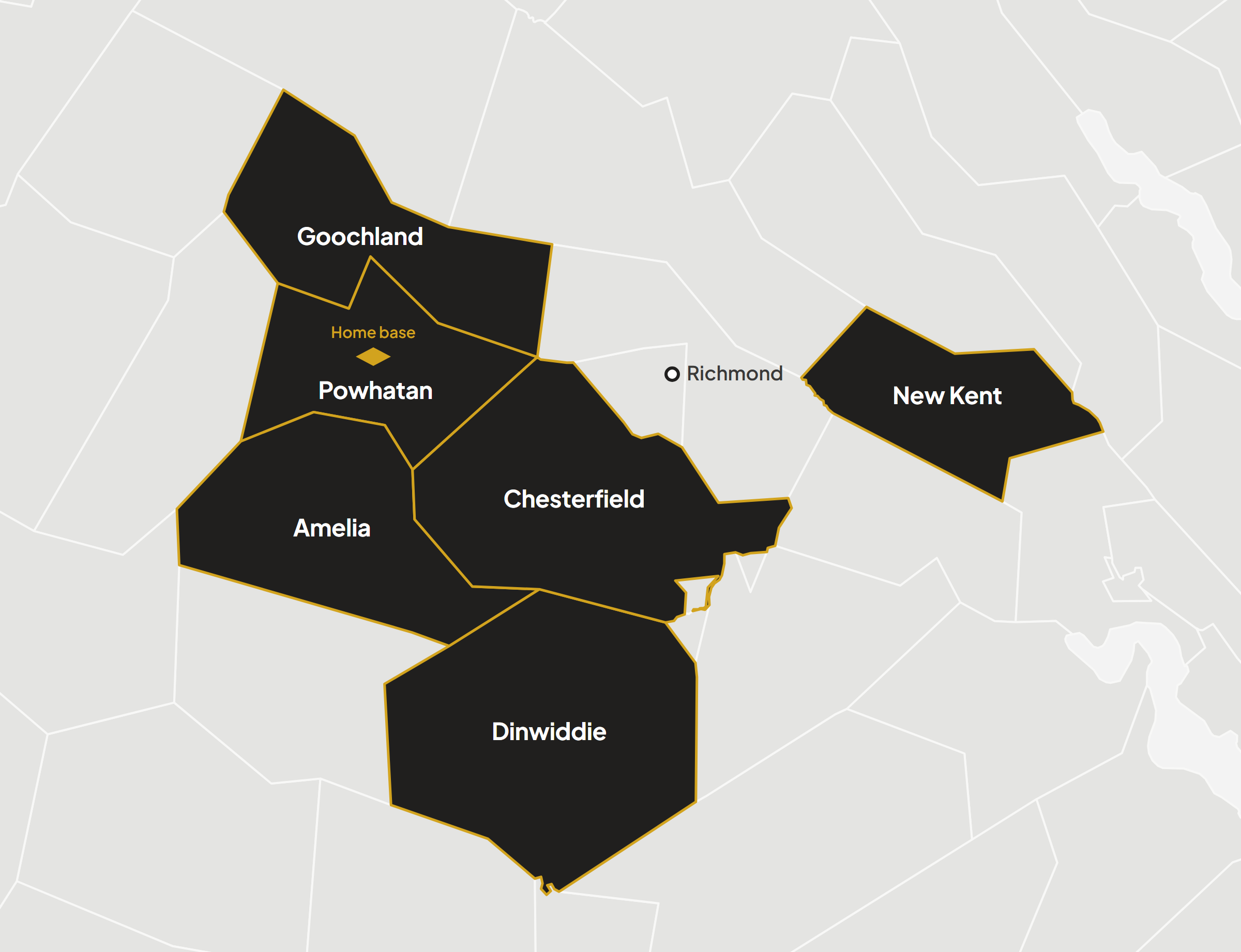 Map highlighting Powhatan, Chesterfield, Goochland, Amelia, Dinwiddie and New Kent counties around Richmond, Virginia